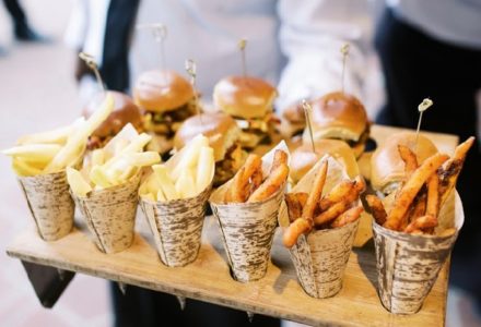 First Date meals can result in great opportunities for late night snacks for receptions | BBQ Pork Sandwich Pulled Pork Slider with Crispy Slaw Chorizo Slider with Pickled Red Onion French Fries served in bamboo cones