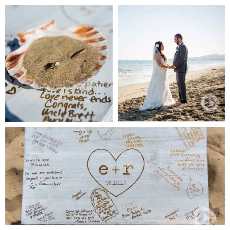 bride and groom holding hands on the beach